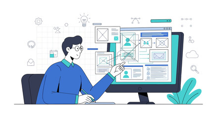 Web Designer Working On Website Interface, Illustration of UX/UI Design On Computer Screen