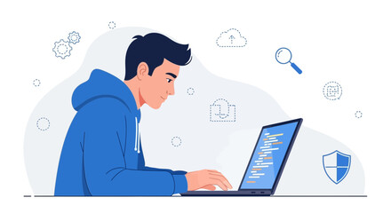 Young Programmer Working on Computer, Illustrating Digital Code, and Modern Technological