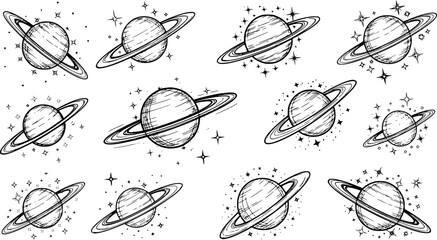 Monochrome Saturn Planet Vector Collection – Space Design with Rings and Stars Isolated on White Background