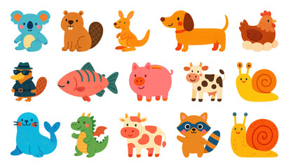 Wall Mural - png colorful cartoon animal stickers, element set on transparent background