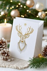 Wall Mural - christmas card with golden reindeer illustration, candle and pine cones