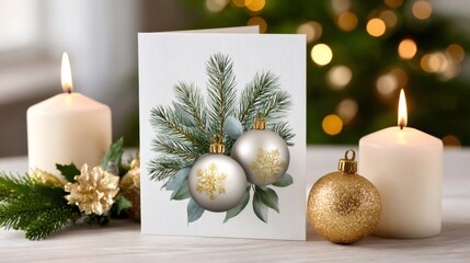 Wall Mural - christmas card with ornaments and candles showing christmas spirit