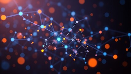 Abstract network of glowing nodes and connections in blue and orange floating in space.