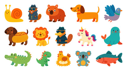 Wall Mural - png colorful cartoon animal illustrations, element set on transparent background