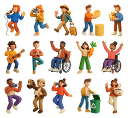 Wall Mural - PNG Diverse 3D cartoon characters engaging, element set on transparent background