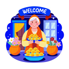 Canvas Print - Flat style illustration depicting grandma sweets serving
