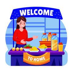 Canvas Print - A flat style illustration showing a vendor character 
