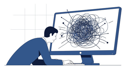 Illustrative depiction of a confused programmer facing complex code on a computer screen