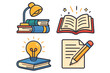 © Bryle - Set of cartoon icons for education and creativity. Book, lamp, open notebook, pencil and paper, light bulb idea symbol. Learning, reading, writing, knowledge concept.
