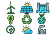 © Wynn - Renewable energy icon set. Green power sources, ecology and environment concept. Vector collection of solar panel, wind turbine, hydro dam, recycle symbol, earth. Eco-friendly.