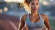 © Kien - a woman in athletic wear running on an urban track at sunrise, with a determined and focused expression. close-up shot with the sun rising behind her