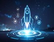 © Helmi - Futuristic digital rocket launching from a holographic platform, symbolizing innovation and technological advancement.
