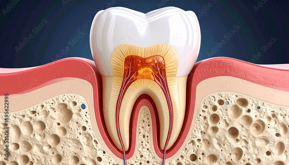 Cross section of a human tooth showing internal structures and ...