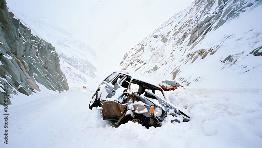 Car Wreckage in Snowy Mountain Pass A Scene of Destruction After Winter ...