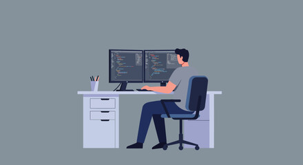 Programmer Working on Dual Monitors at Desk.