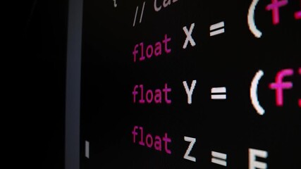 Closeup macro shot movement of coding script moving across LED screen with real-time AI-generated typing, showcasing advanced AI learning in optimization, debug and coding for software development.