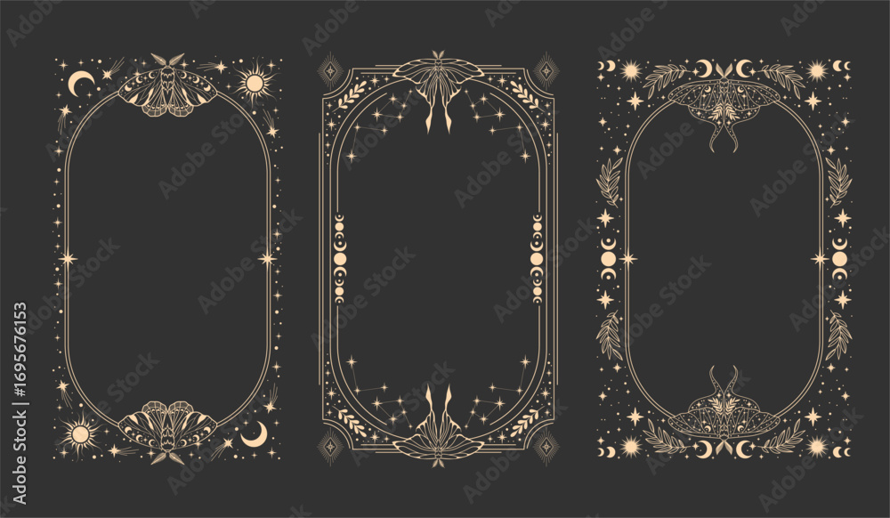 Magical esoteric frame, mystical linear decoration with moth, moon ...