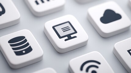 Black and white icon set on white keyboard, essential tools for modern digital communication graphic design.