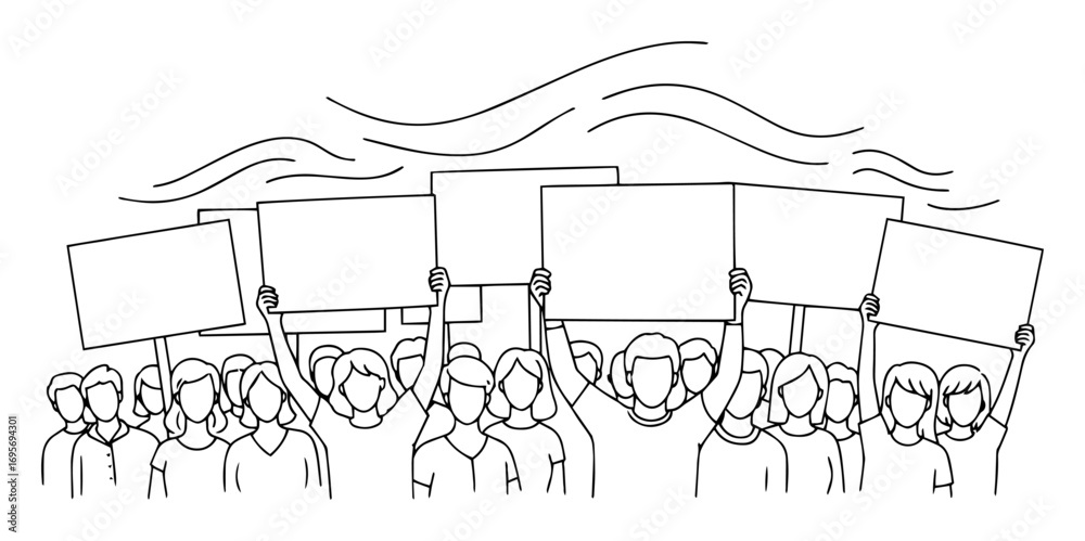 crowd of people protesting with blank signs line art Stock Vector ...