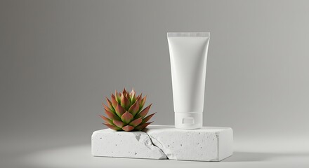 Mockup of a white cosmetic cream tube with a succulent plant on a stone pedestal, isolated on white background for commercial usage