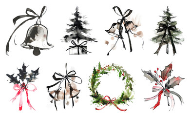 Wall Mural - png festive watercolor holiday decorations, element set on transparent background