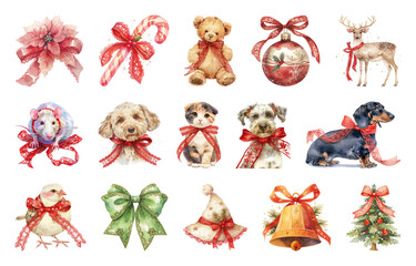 Wall Mural - png festive watercolor animals decorations, element set on transparent background