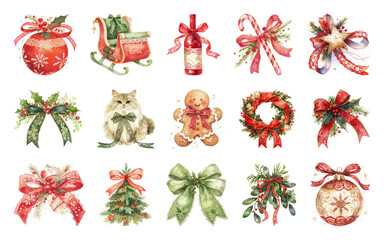 Wall Mural - png festive watercolor christmas decorations, element set on transparent background
