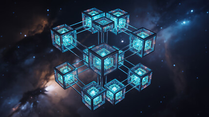 Wall Mural - Complex Interconnected Cube Network with Blue and Red Lights blockchain technology