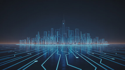 Wall Mural - Digital city skyline with glowing circuit board patterns on a dark background futuristic