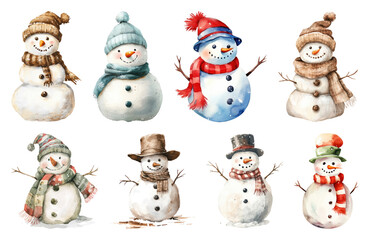 Wall Mural - png charming watercolor snowman illustrations, element set on transparent background