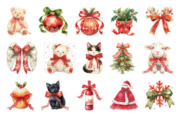 Wall Mural - png festive watercolor holiday illustrations, element set on transparent background
