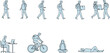 © Nur Creations - 'People daily activities walking, cycling, working, relaxing, carrying boxes, sitting, lying down, teamwork, lifestyle poses, cad drawing flat vector illustration'