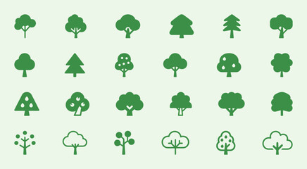 Variety of green tree icons in a forest of different shapes and sizes.