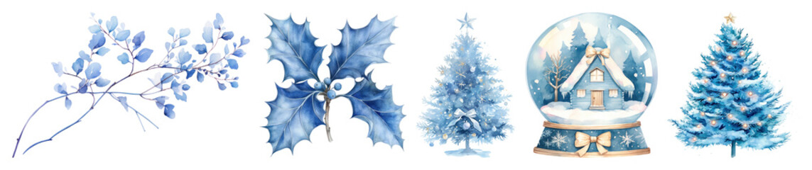 Wall Mural - png winter-themed watercolor holiday elements, element set on transparent background