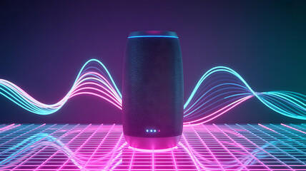 Wall Mural - Tall Cylindrical Speaker with Neon Sound Waves and Grid audio technology