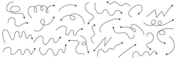 Wall Mural - Curved dotted arrow. Collection of curved hand drawn arrows. Zigzag arrow stripes design with dotted lines.