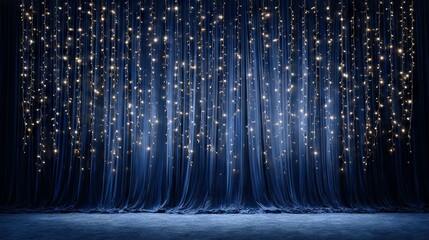 Wall Mural - magical blue velvet curtain backdrop with sparkling fairy lights and warm bokeh glow for event decor