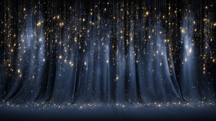 Wall Mural - magical blue velvet curtain backdrop with sparkling fairy lights and warm bokeh glow for event decor