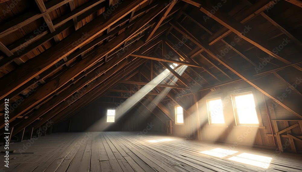 Dusty Rafters Dusty sunlight streams into a vast, empty attic; exposed rafters and ...