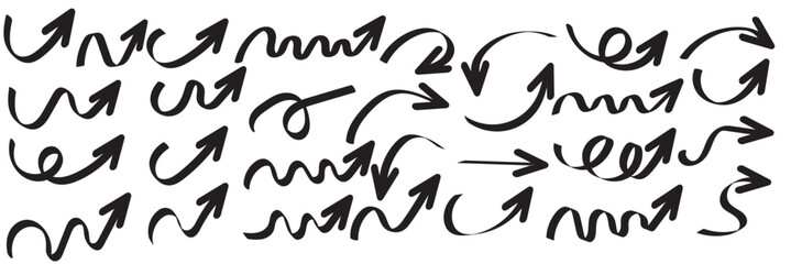 Wall Mural - Arrow set. Crayon, charcoal, pastel, chalk hand drawn freehand white elements, doodle style stroke. Sketch pencil grunge textured wave arrows, direction pointers, and curved lines. Vector illustration