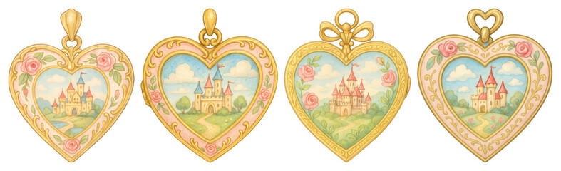 Wall Mural - png whimsical heart-shaped castle pendants, element set on transparent background