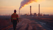 © Muhammad - A worker in safety gear walks away from an industrial site at dusk with smoke in the background
