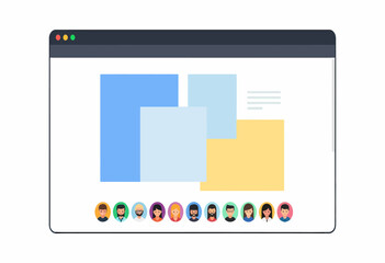 Flat design illustration of a digital platform for remote teamwork, showcasing a collaborative project dashboard and a row of user avatars for online communication