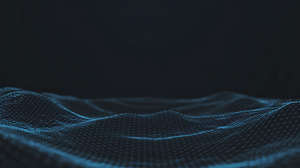 Abstract glowing blue digital wave network data flow on a dark background with copy space