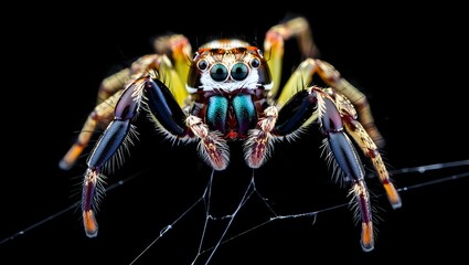 Close up of a colorful jumping spider with intricate details on a black background