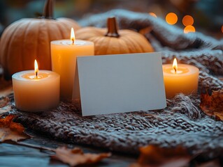 Wall Mural - a cozy autumn scene with lit pumpkins candles and a blank card on a knitted blanket