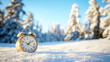 © Ruslan - A table clock stands on a snow-covered meadow against the backdrop of a winter forest and blue sky — a symbol of time, anticipation of holidays and a concept for a New Year banner
