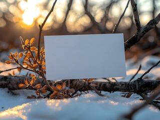 Wall Mural - a blank white card rests on a snow covered bare branch during golden hour symbolizing contemplation 