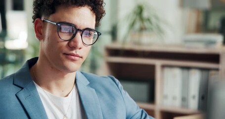 Business, glasses and man with laptop, reflection and online reading with web design programming. Person, employee and cyber security network with clear vision, email or eyewear with digital software