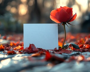 Wall Mural - a single red rose and a blank white card on autumn leaves for a message of remembrance